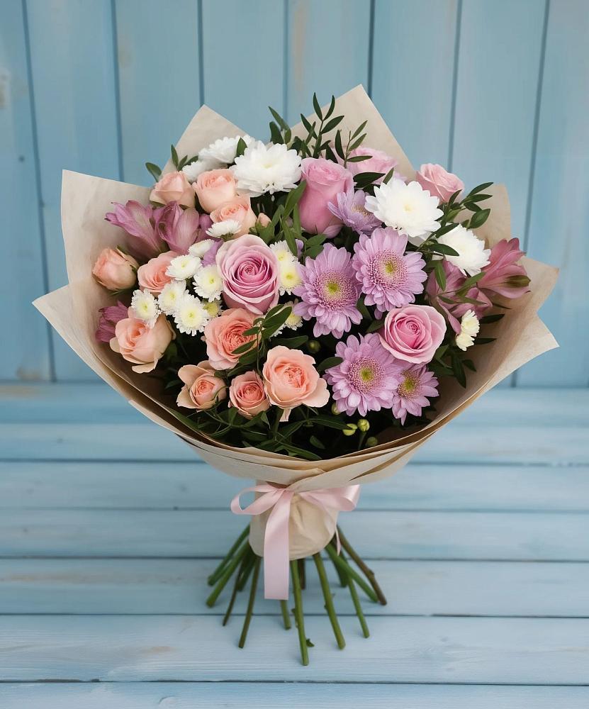Букет цветов из: Хризантемы, Розы и Альстромерии в Новотроицке