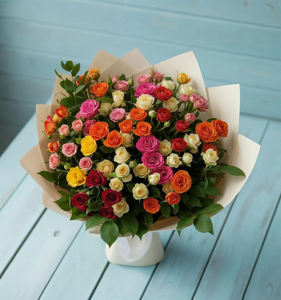 Букет Микс из разноцветных кустовых роз в Новотроицке