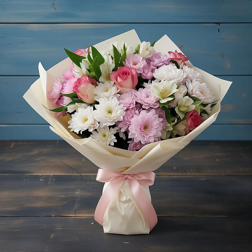 Букет цветов из: Хризантемы, Альстромерии и Розы в Новотроицке